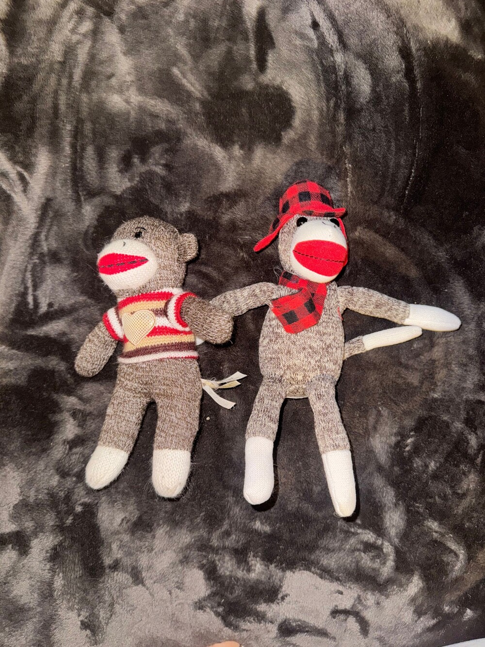Sock Monkey Plush Toy Red Lips Checkered Hat and Scarf Striped Sweater with Hear